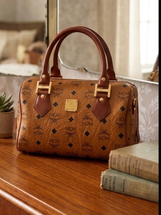 MCM Other - MCM Cognac Visetos Barrel Bag with Brown Leather Handles